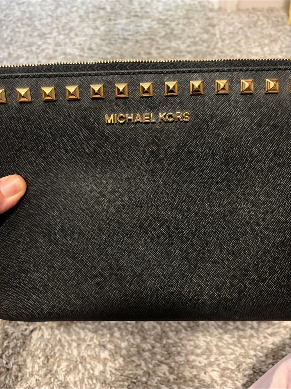 Michael Kors Black Leather Gold-Stud Wristlet Clutch